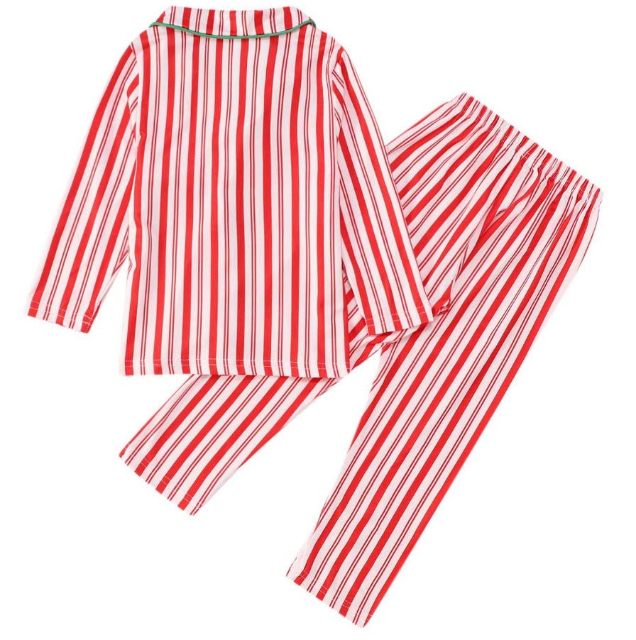 Red and white candy stripe matching family Christmas pyjamas with green piping - view 12