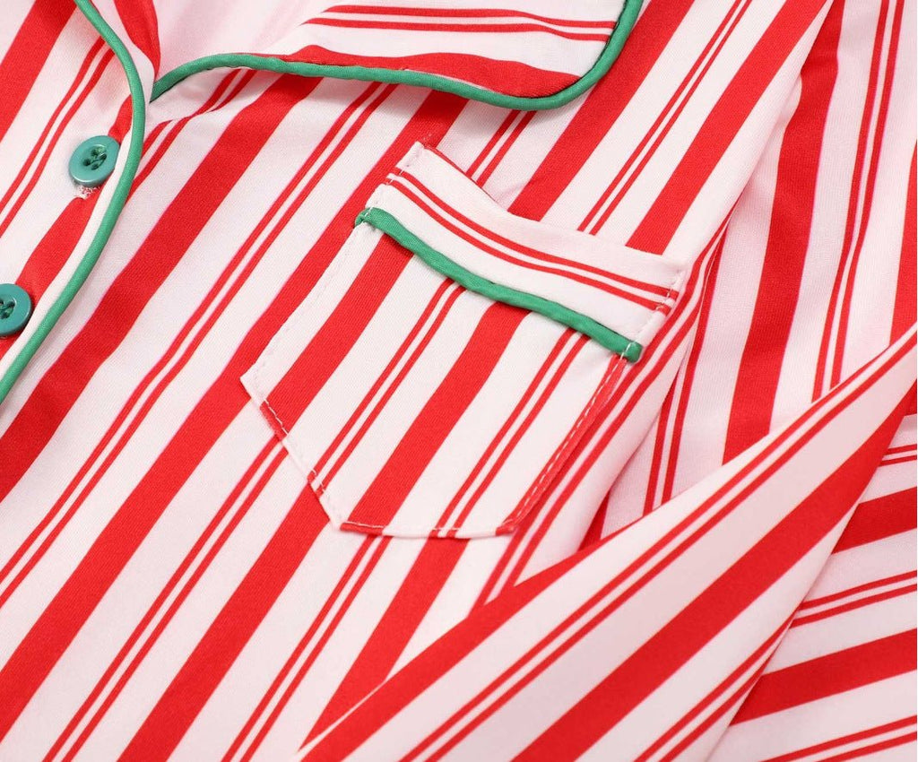 Red and white candy stripe matching family Christmas pyjamas with green piping - view 13