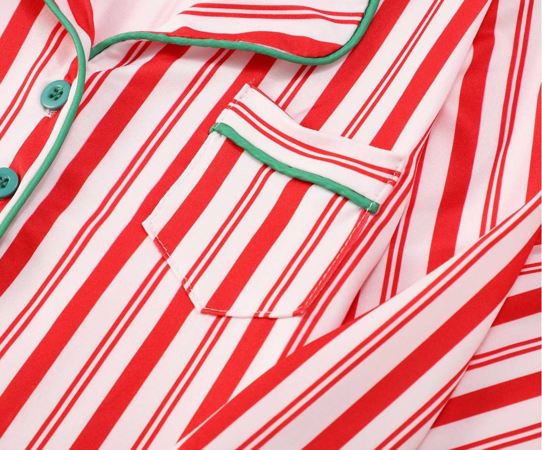 Red and white candy stripe matching family Christmas pyjamas with green piping - view 13