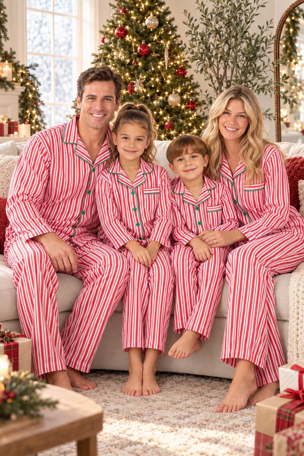 Red and white candy stripe matching family Christmas pyjamas with green piping - view 2