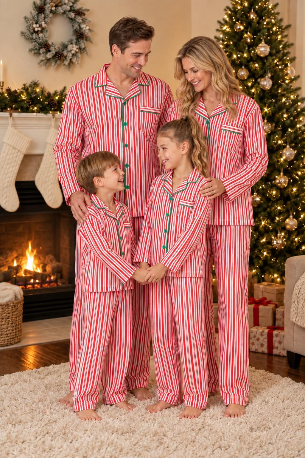 Red and white candy stripe matching family Christmas pyjamas with green piping - view 3
