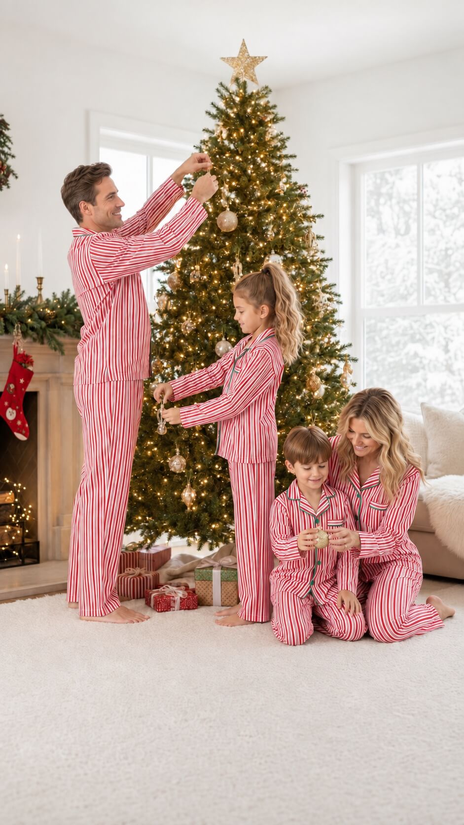 Red and white candy stripe matching family Christmas pyjamas with green piping - view 5