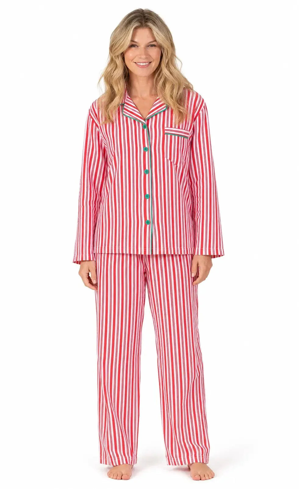 Red and white candy stripe matching family Christmas pyjamas with green piping - view 6