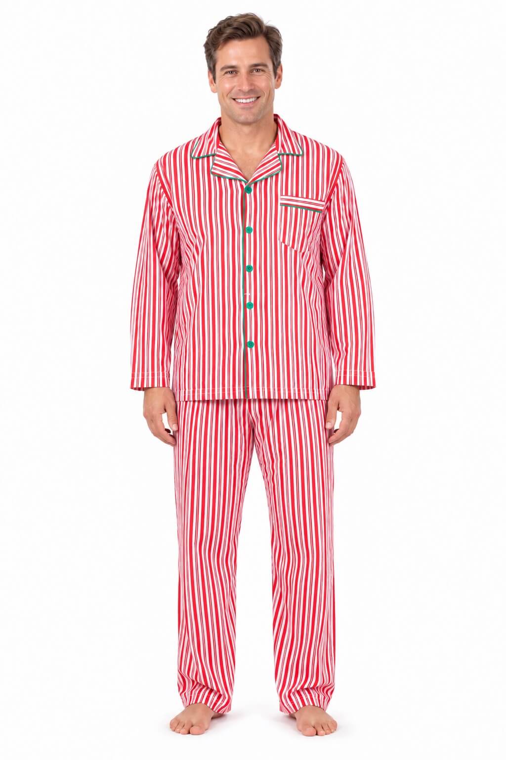 Red and white candy stripe matching family Christmas pyjamas with green piping - view 7