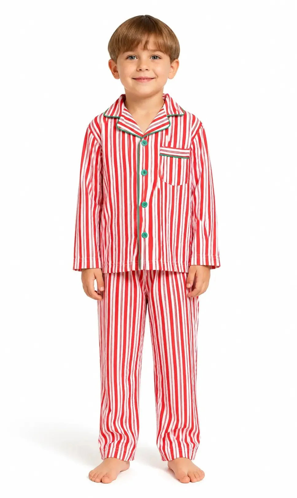 Red and white candy stripe matching family Christmas pyjamas with green piping - view 8