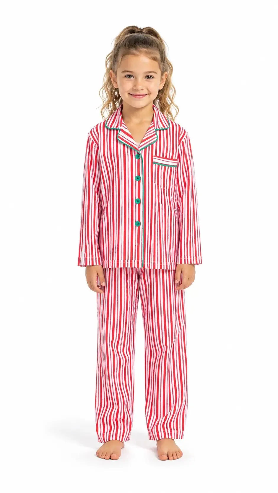 Red and white candy stripe matching family Christmas pyjamas with green piping - view 9