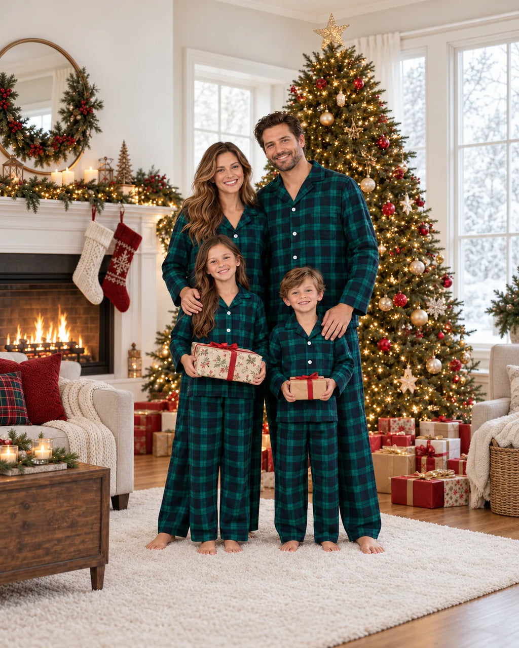 Family wearing matching green and navy tartan flannel Christmas pyjamas