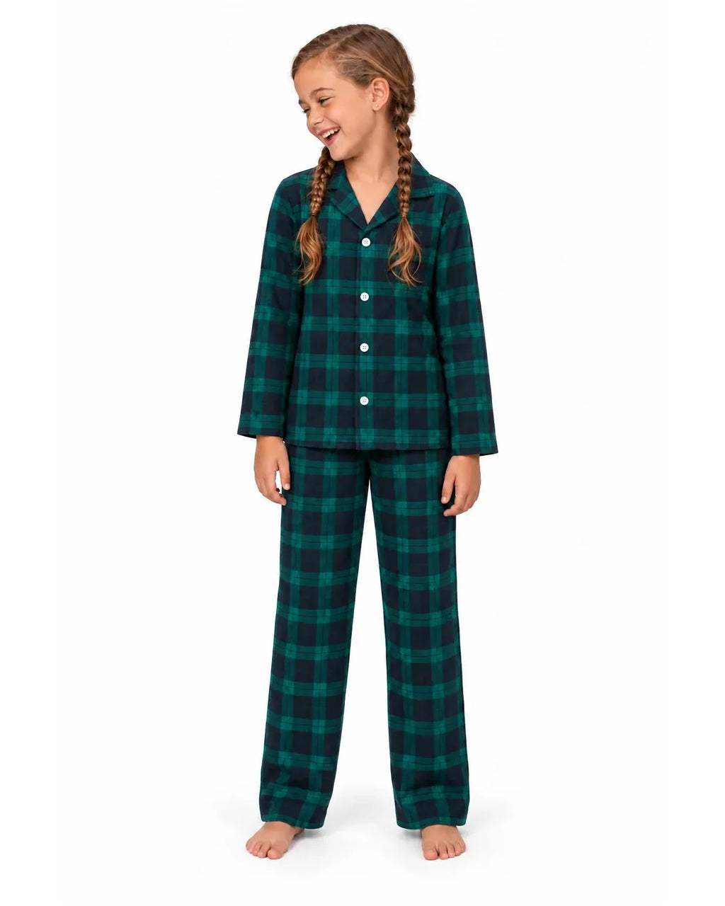 Family wearing matching green and navy tartan flannel Christmas pyjamas - view 10