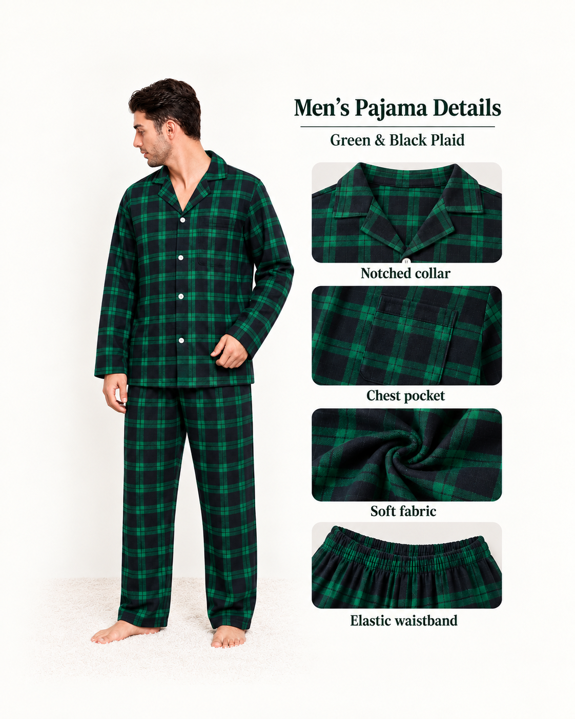 Family wearing matching green and navy tartan flannel Christmas pyjamas - view 11