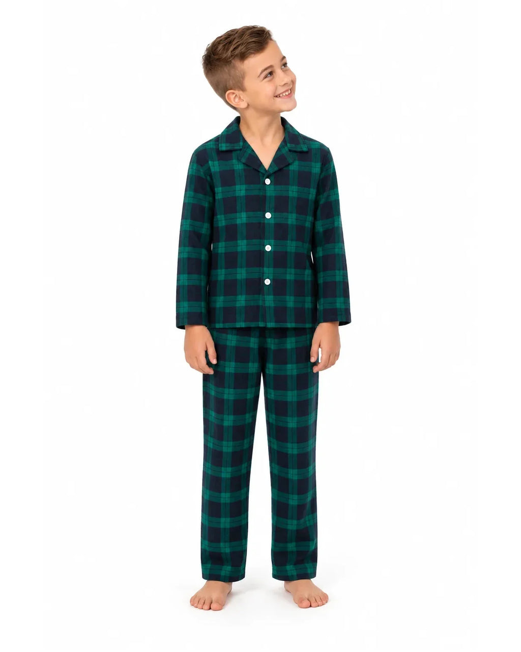 Family wearing matching green and navy tartan flannel Christmas pyjamas - view 12