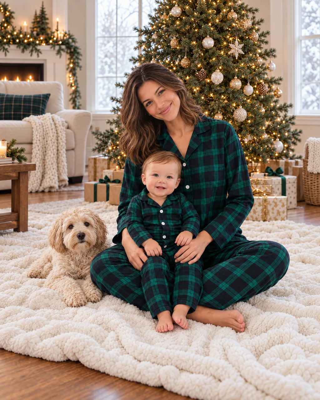 Family wearing matching green and navy tartan flannel Christmas pyjamas - view 13