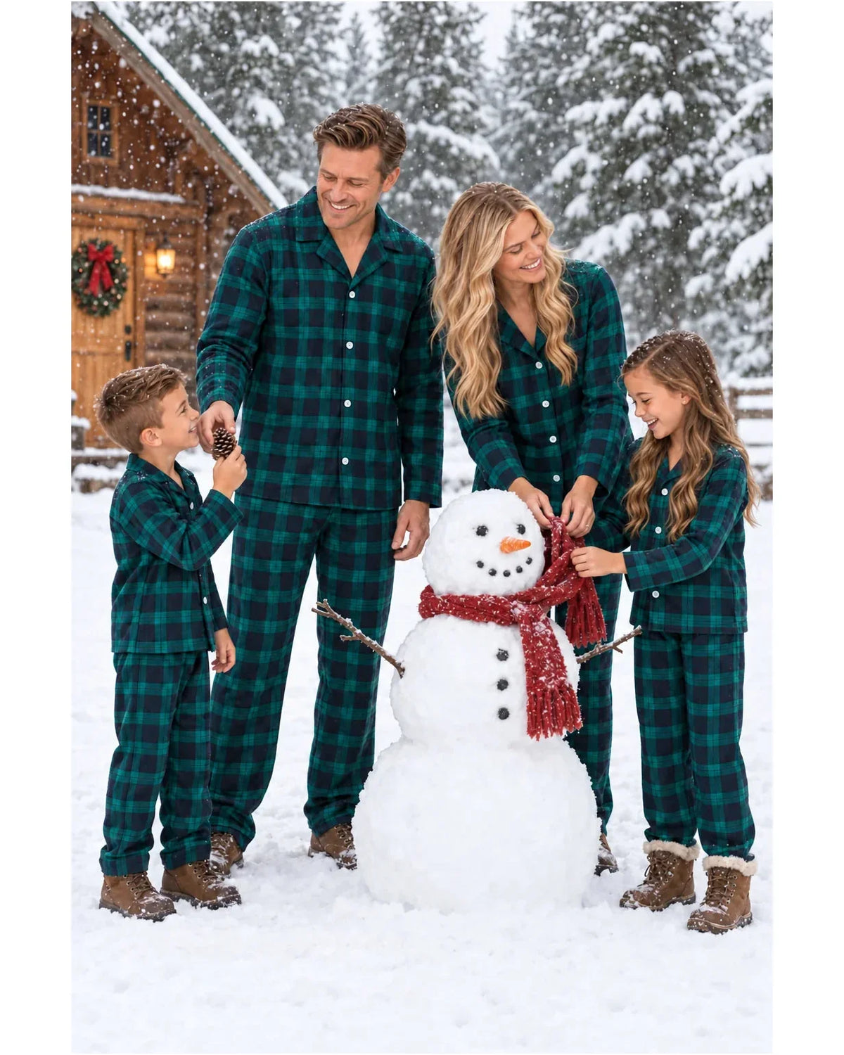 Family wearing matching green and navy tartan flannel Christmas pyjamas - view 14