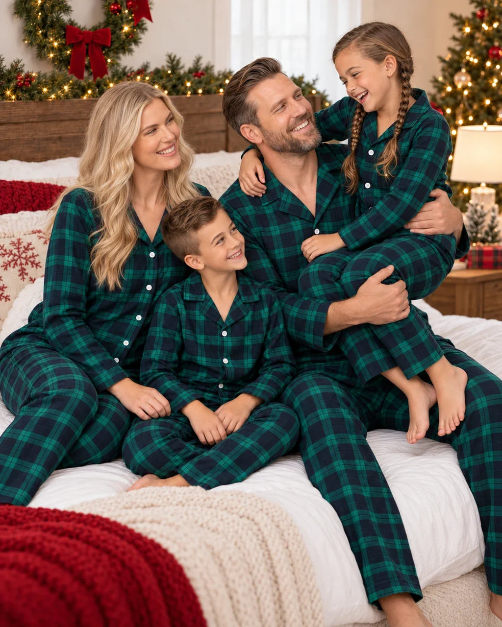 Family wearing matching green and navy tartan flannel Christmas pyjamas - view 15