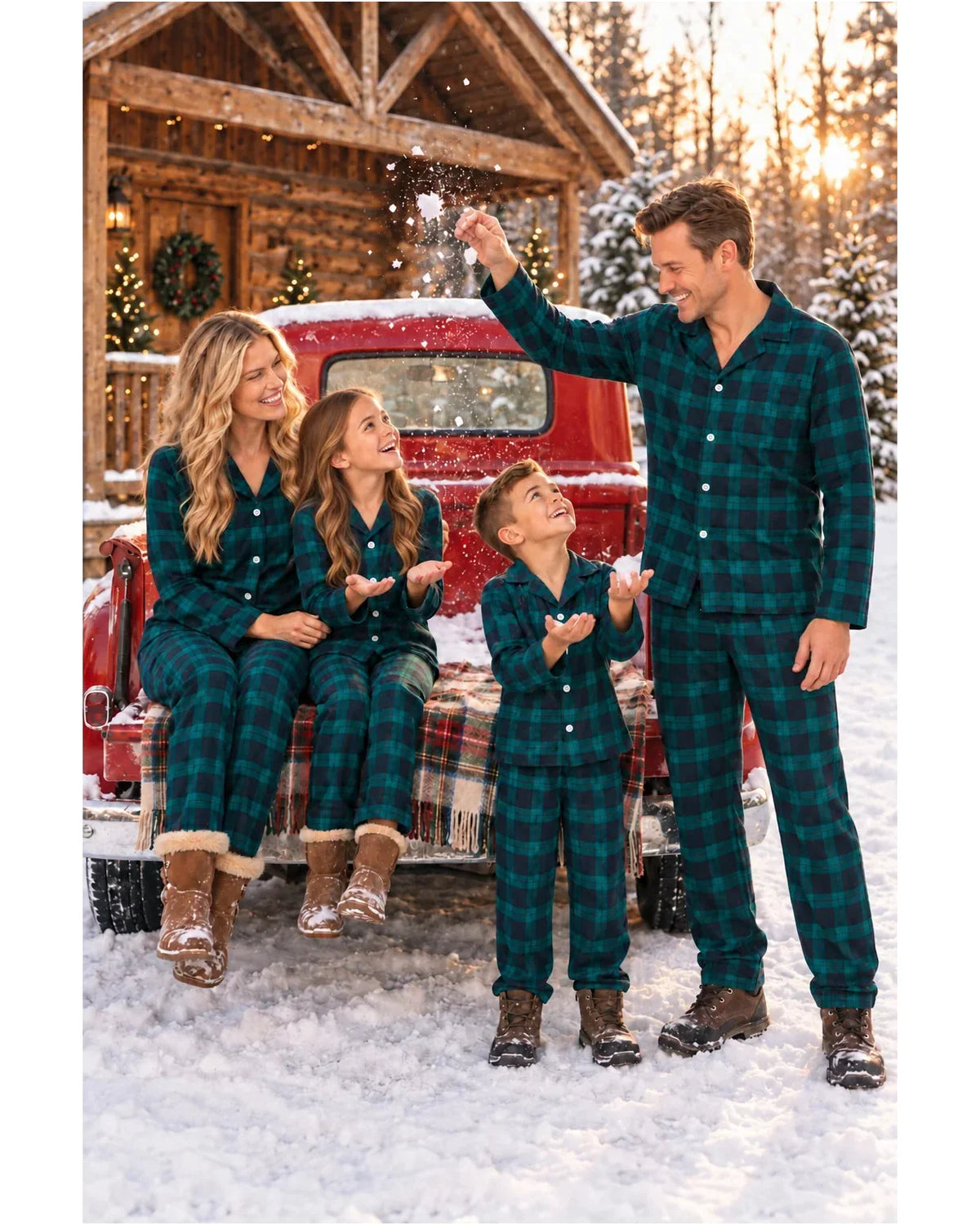 Family wearing matching green and navy tartan flannel Christmas pyjamas - view 17