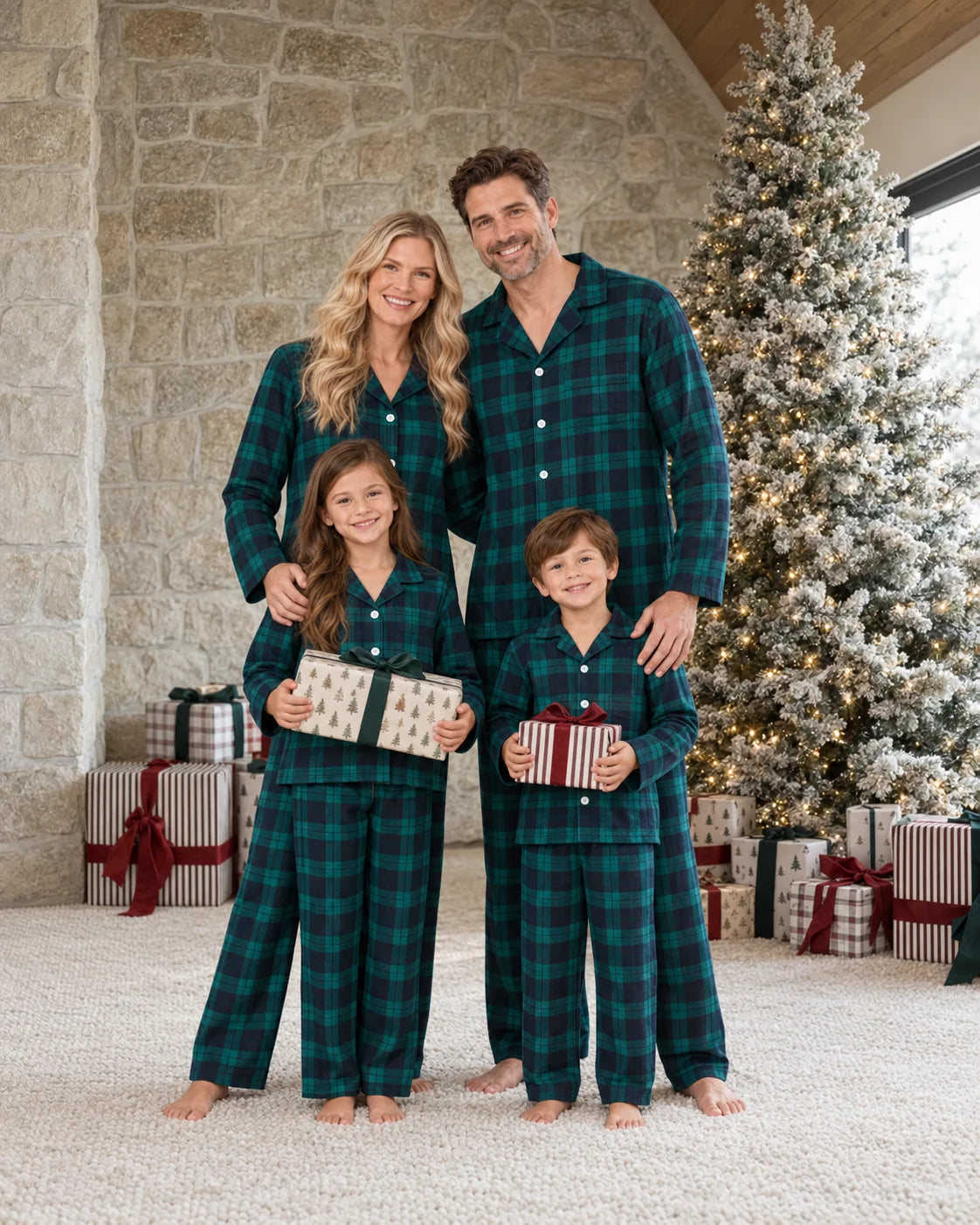 Family wearing matching green and navy tartan flannel Christmas pyjamas - view 2