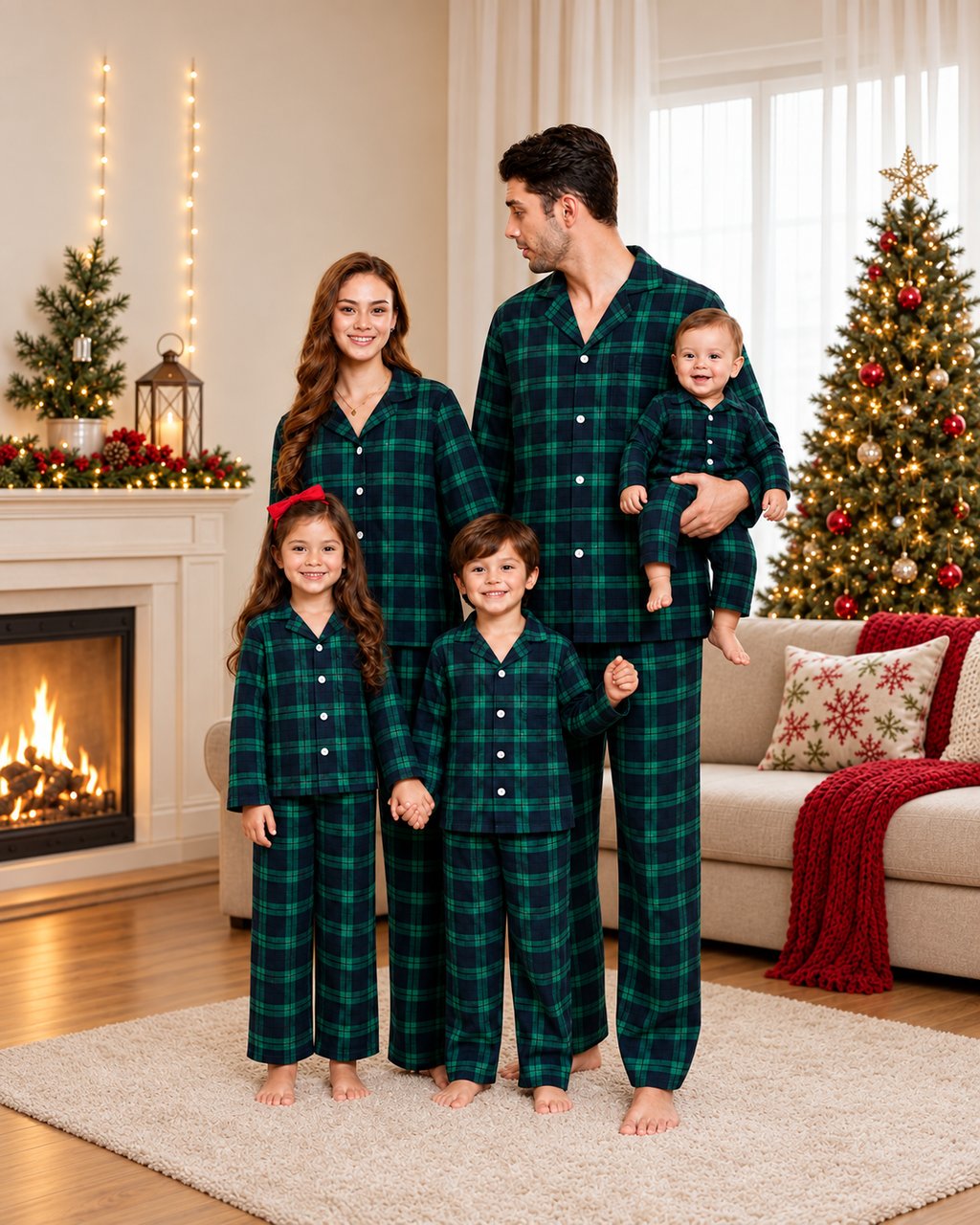 Family wearing matching green and navy tartan flannel Christmas pyjamas - view 4