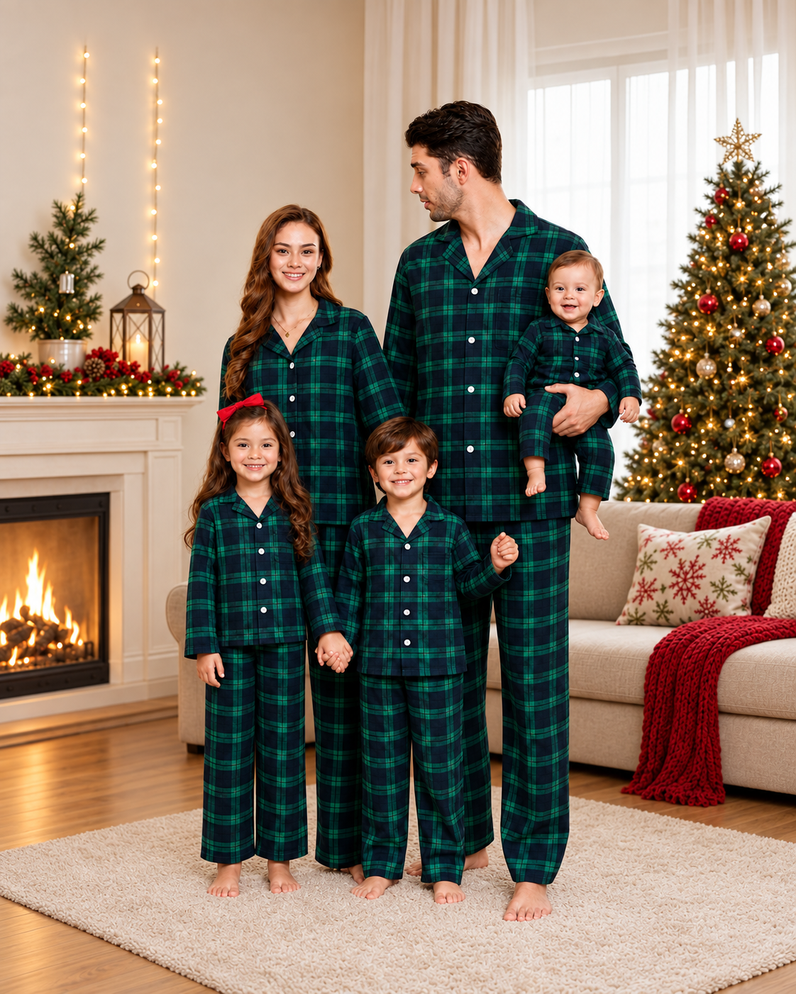 Family wearing matching green and navy tartan flannel Christmas pyjamas - view 4