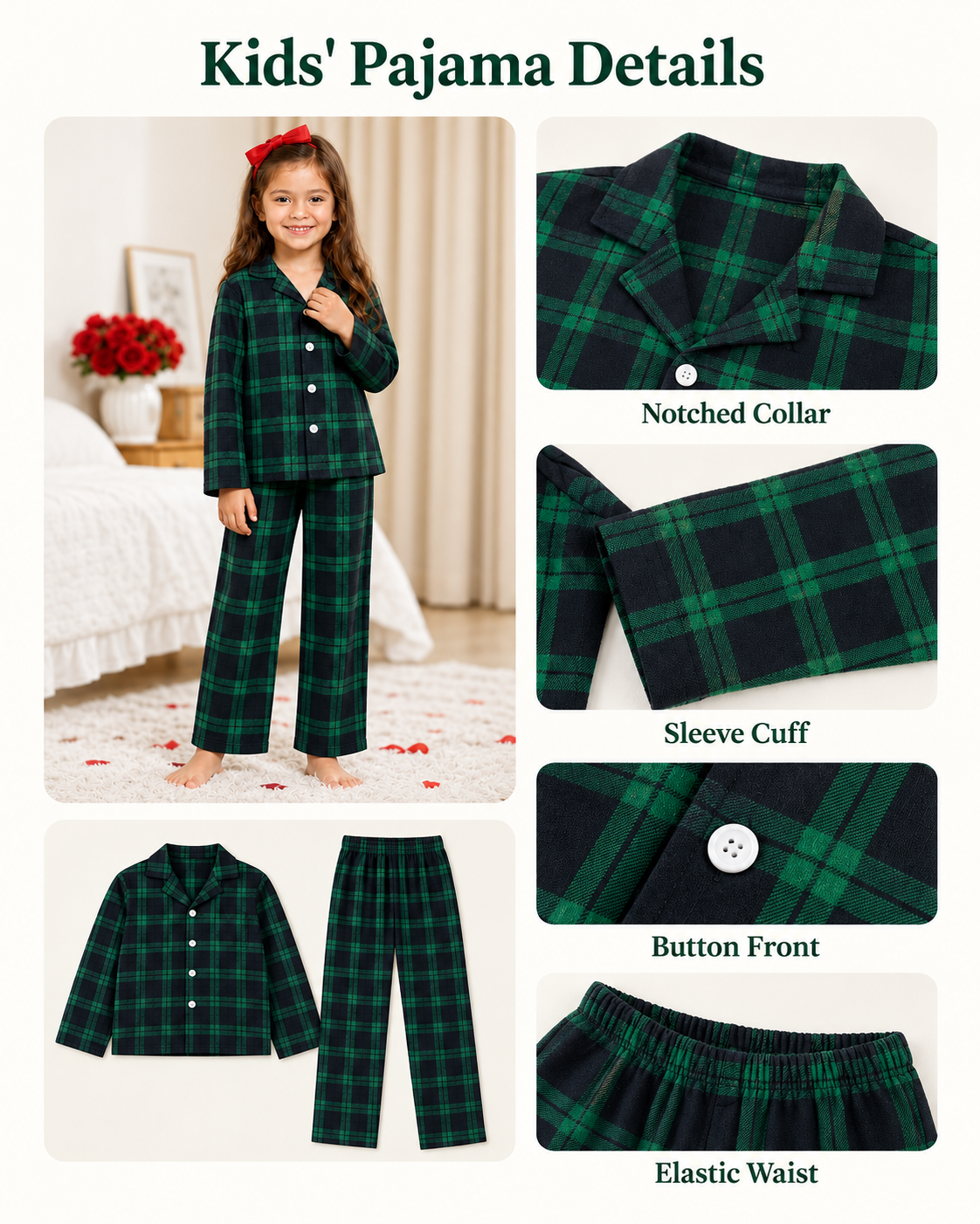 Family wearing matching green and navy tartan flannel Christmas pyjamas - view 7
