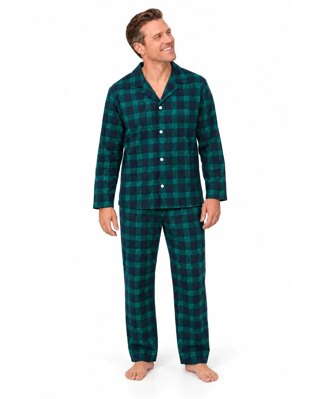 Family wearing matching green and navy tartan flannel Christmas pyjamas - view 8
