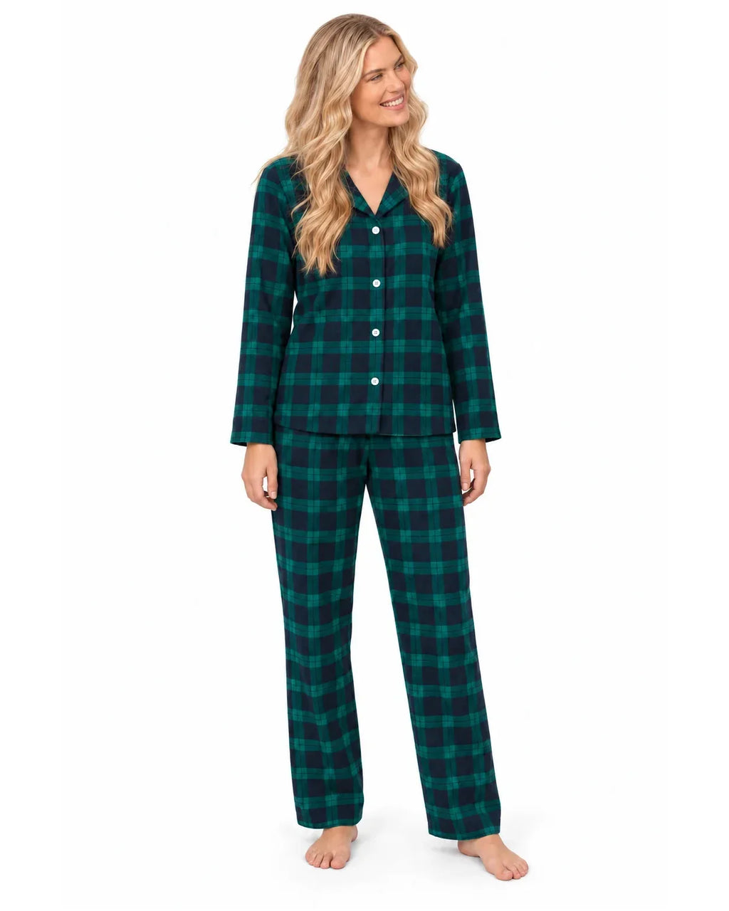 Family wearing matching green and navy tartan flannel Christmas pyjamas - view 9