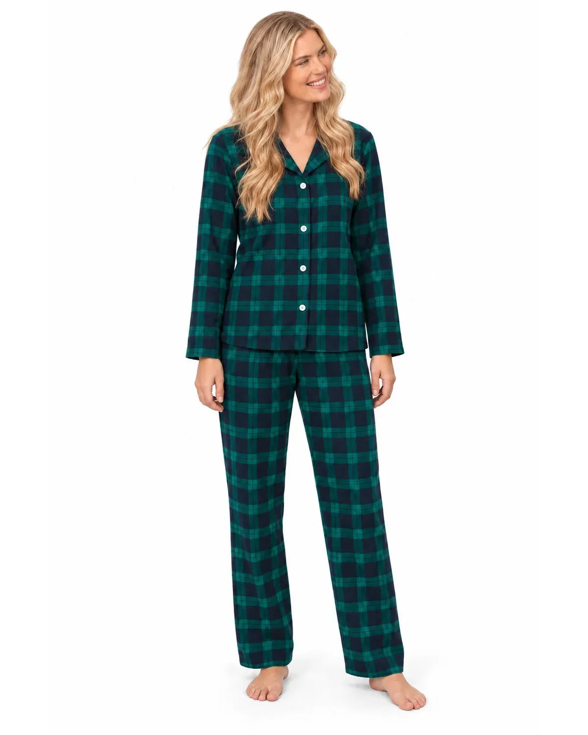 Family wearing matching green and navy tartan flannel Christmas pyjamas - view 9