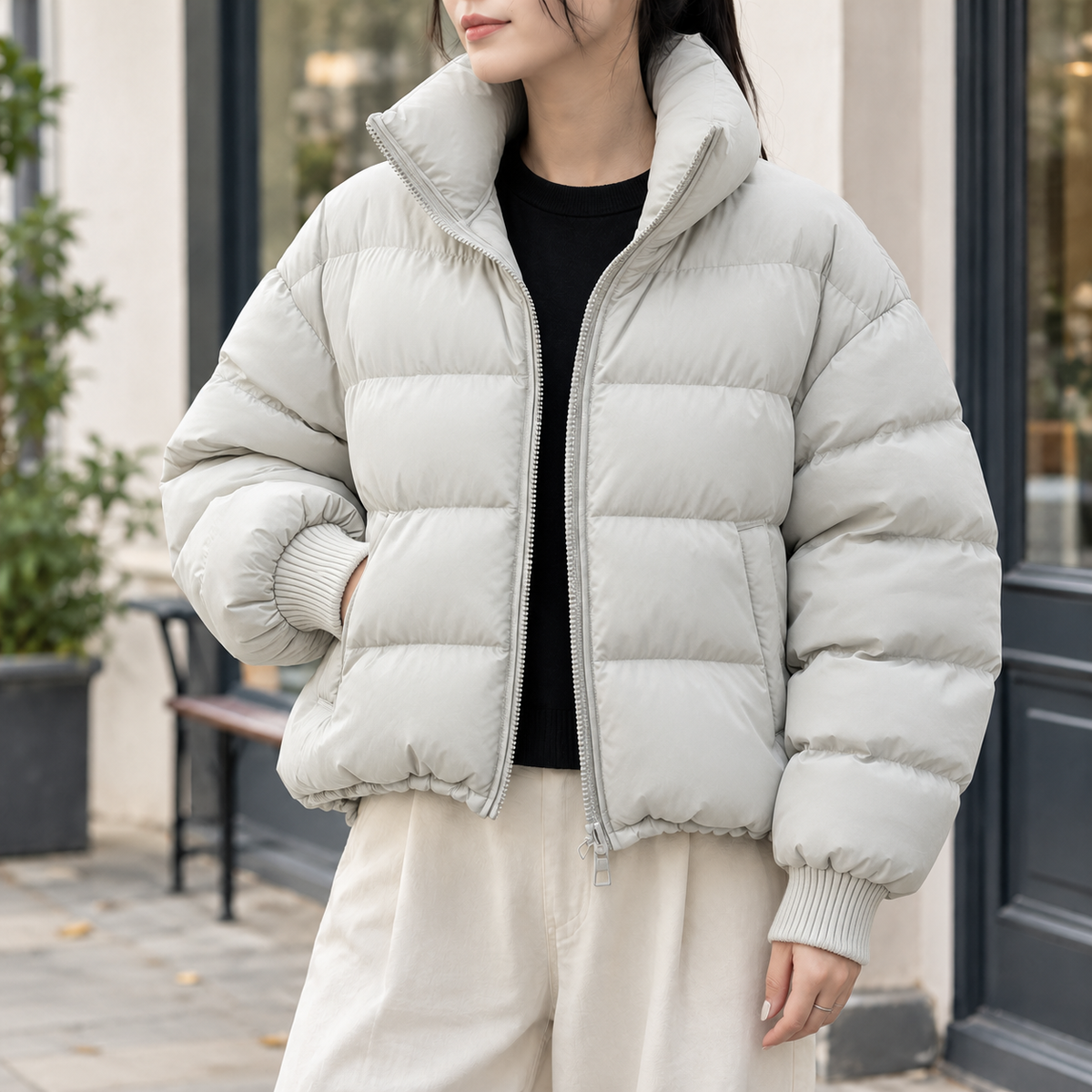 Women's cropped quilted puffer jacket with high stand collar and zip front - view 2