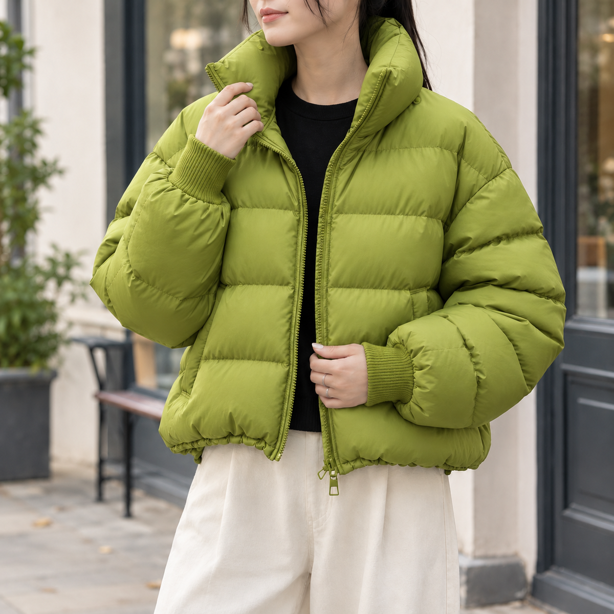 Women's cropped quilted puffer jacket with high stand collar and zip front - view 3