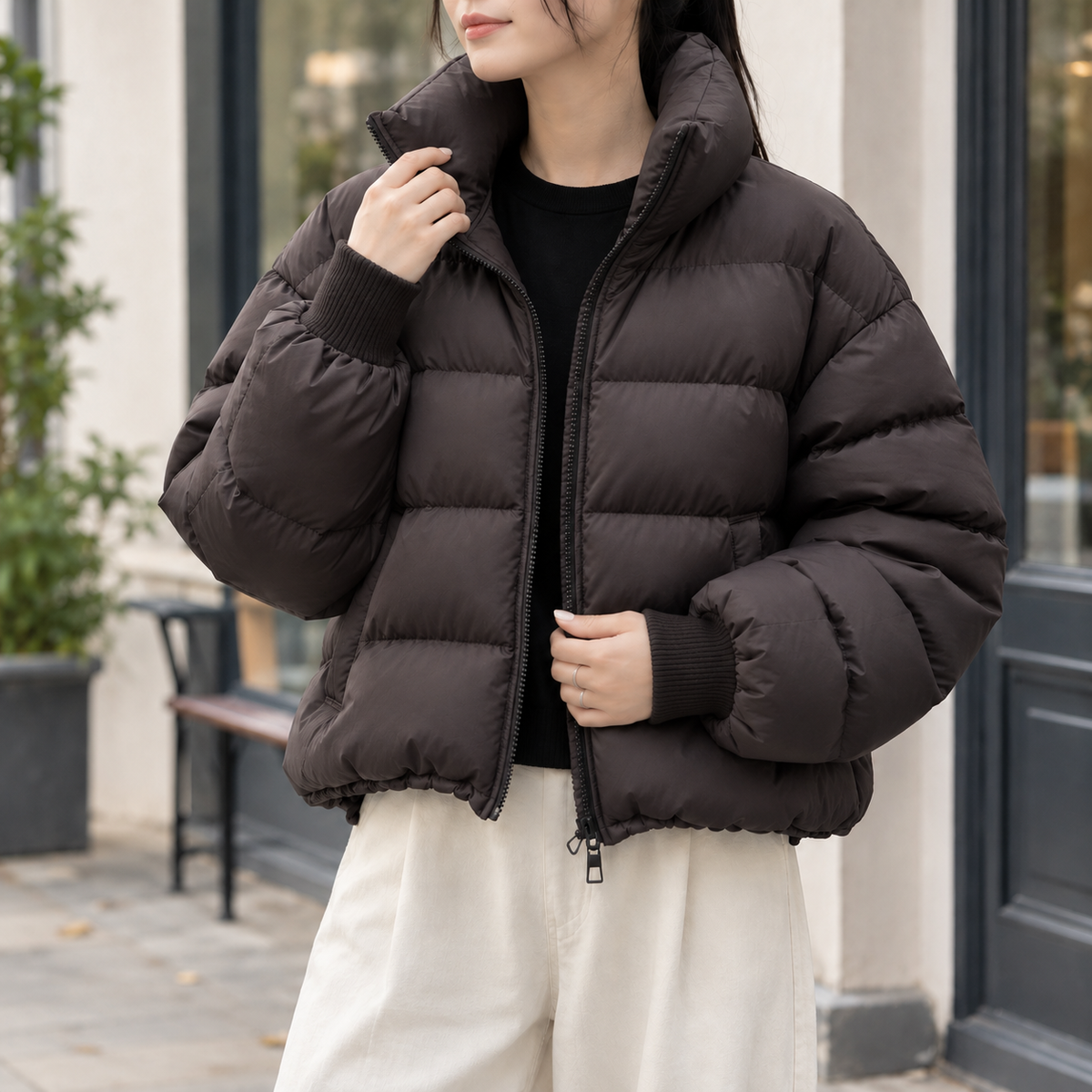 Women's cropped quilted puffer jacket with high stand collar and zip front - view 4