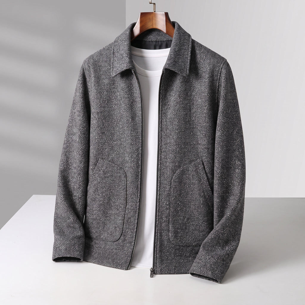 Men's herringbone zip front transition jacket, detail