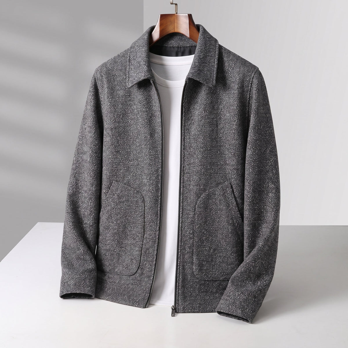 Men's herringbone zip front transition jacket, detail