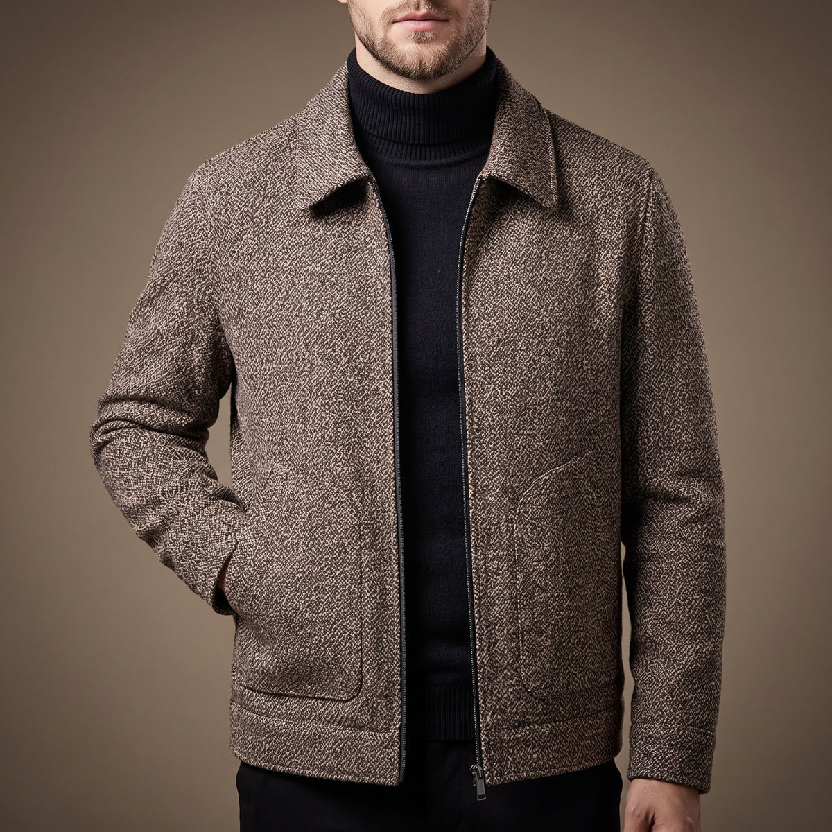 Men's herringbone zip front transition jacket, side view