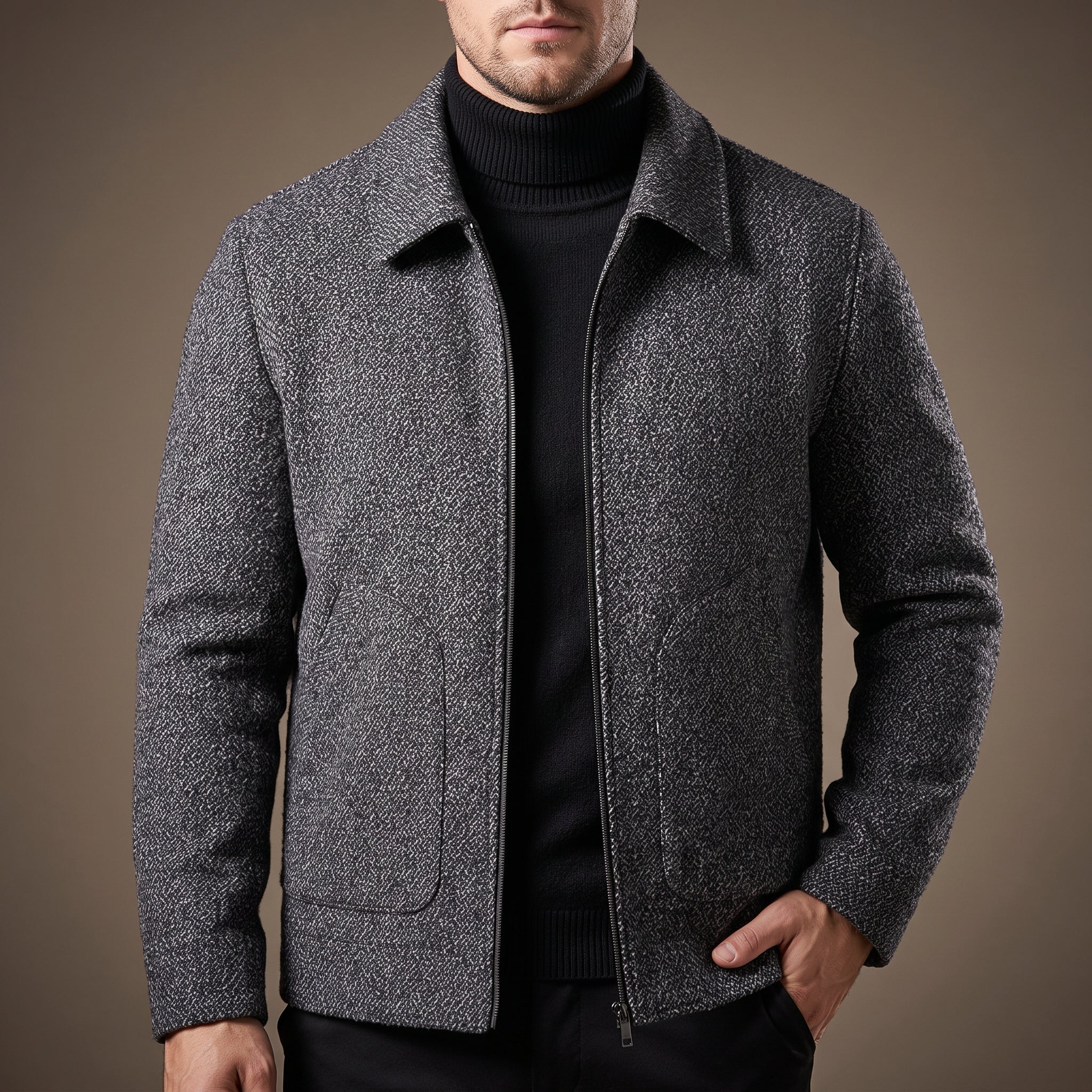 Men's herringbone zip front transition jacket, back view