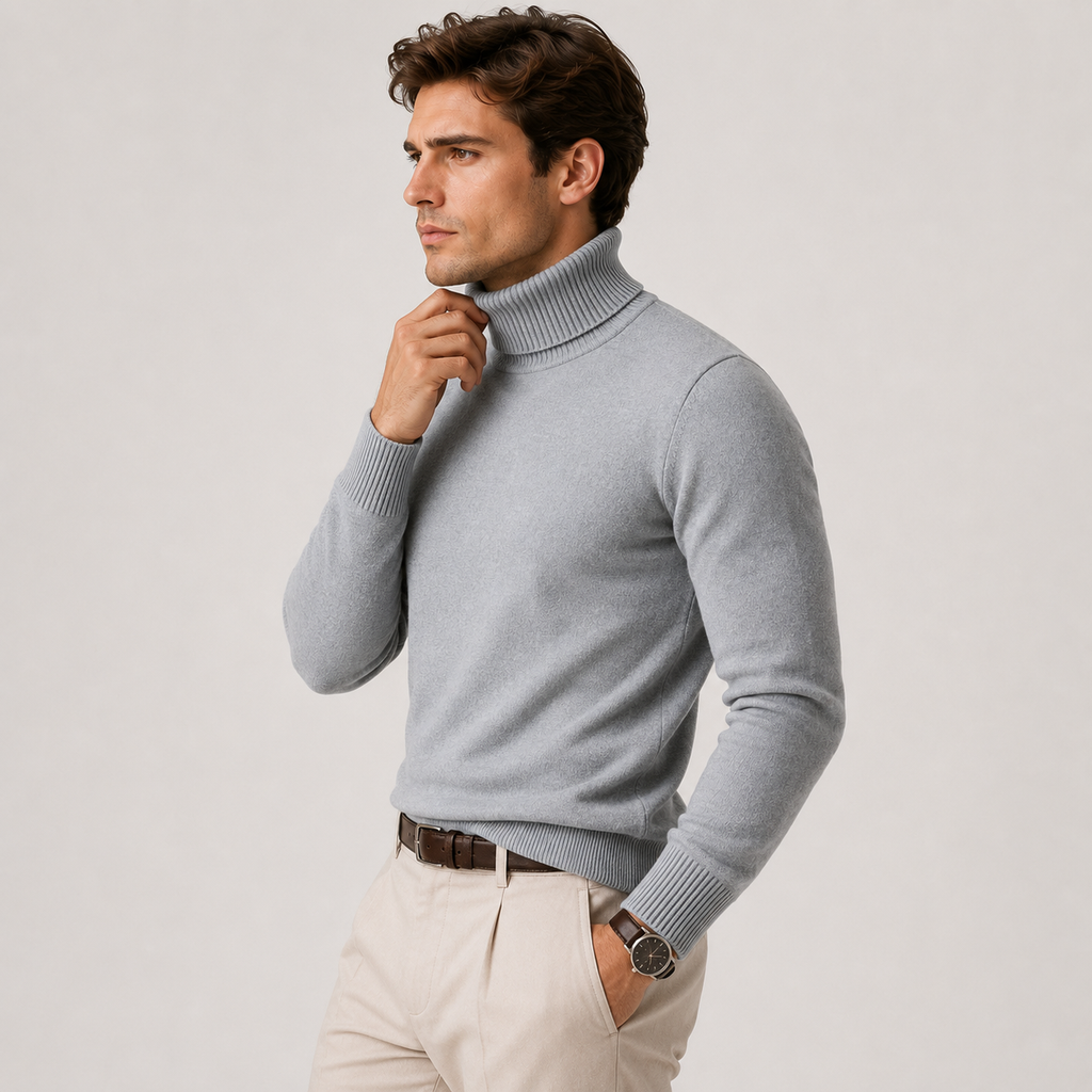 Man wearing a grey fine knit mens turtleneck jumper with ribbed collar and cuffs - view 2