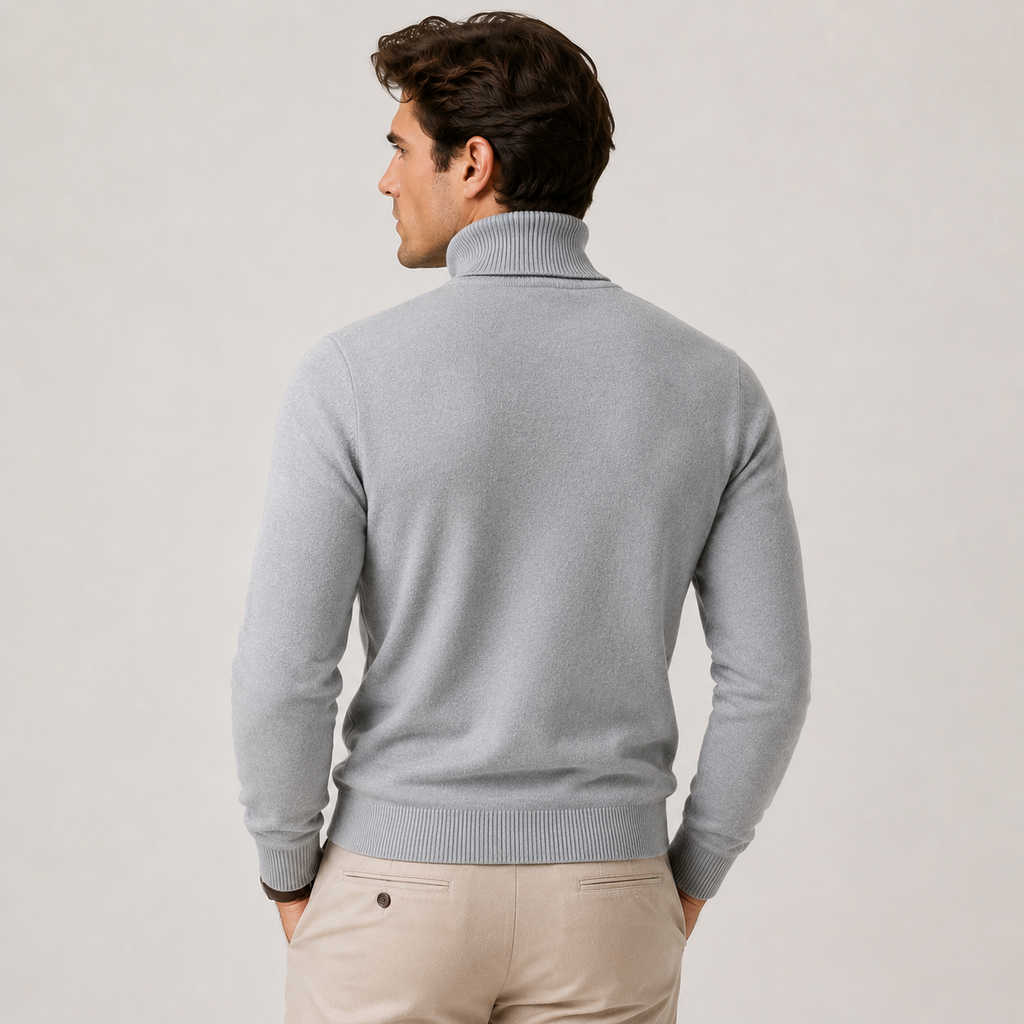 Man wearing a grey fine knit mens turtleneck jumper with ribbed collar and cuffs - view 4