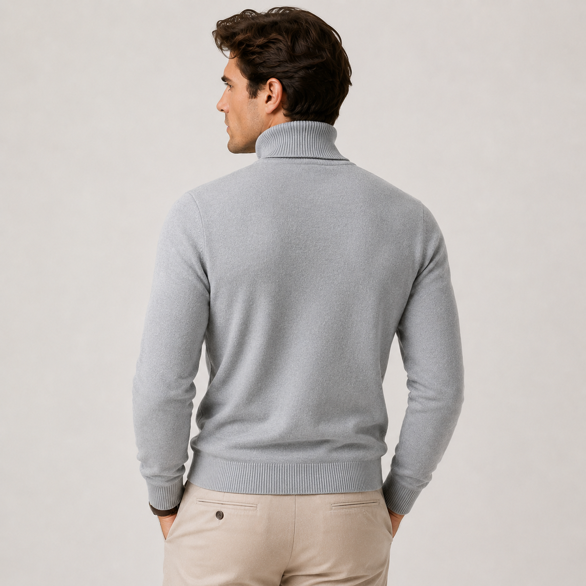 Man wearing a grey fine knit mens turtleneck jumper with ribbed collar and cuffs - view 4