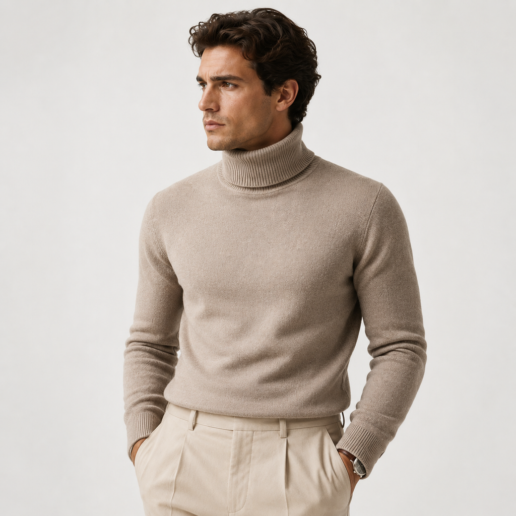 Man wearing a grey fine knit mens turtleneck jumper with ribbed collar and cuffs - view 6
