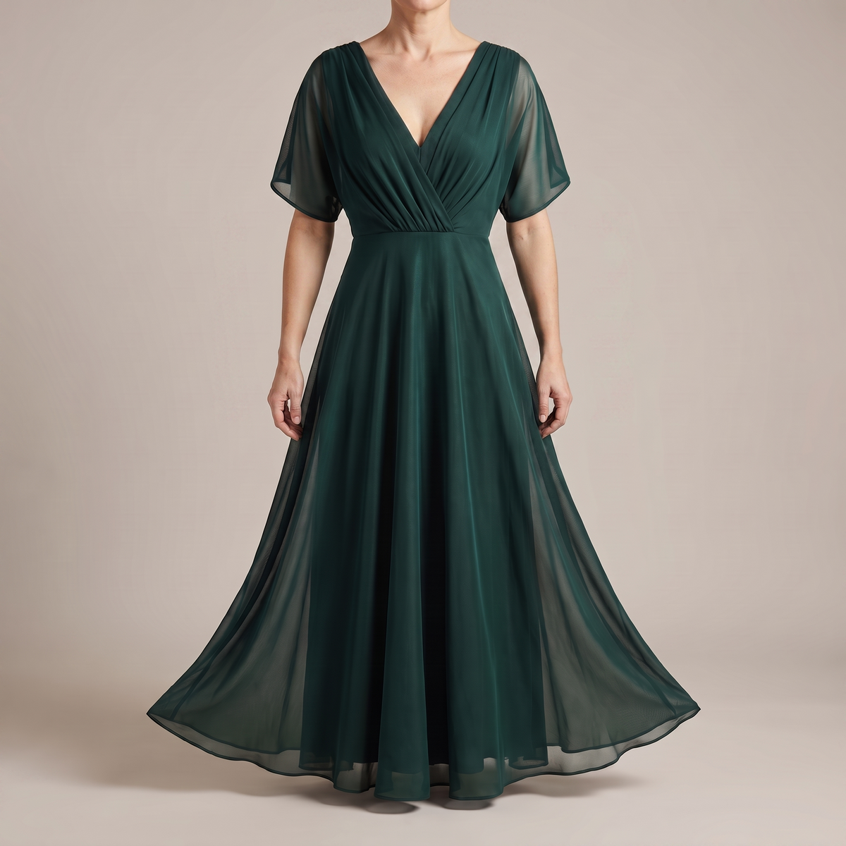 Draped V-neck chiffon maxi dress with ruched waist and flowing skirt
