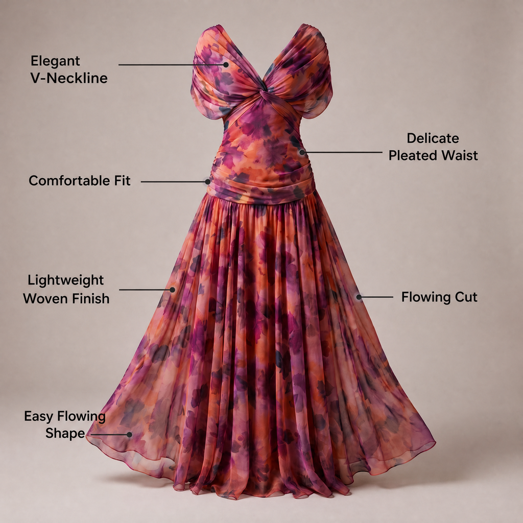 Draped V-neck chiffon maxi dress with ruched waist and flowing skirt - view 7