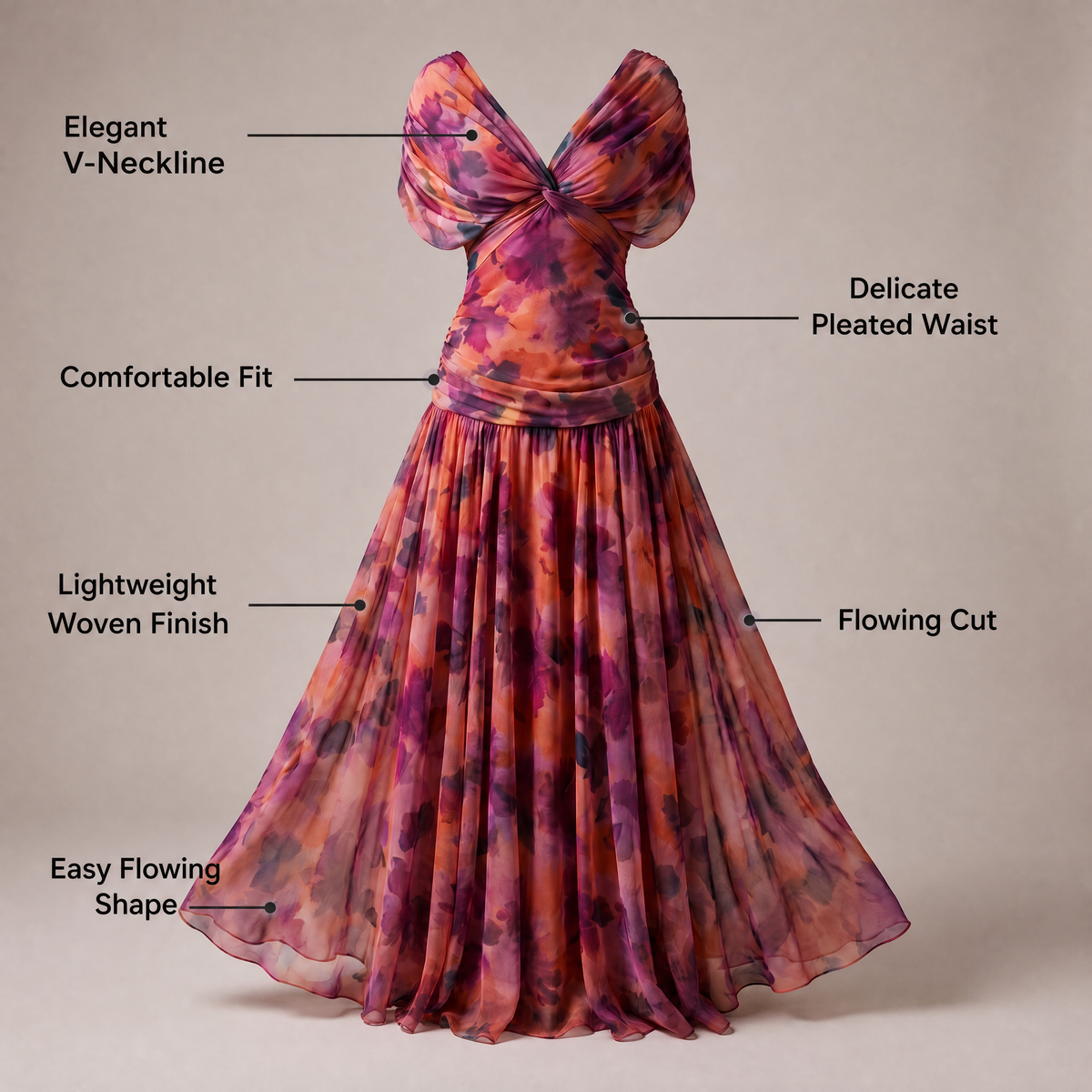 Draped V-neck chiffon maxi dress with ruched waist and flowing skirt - view 7