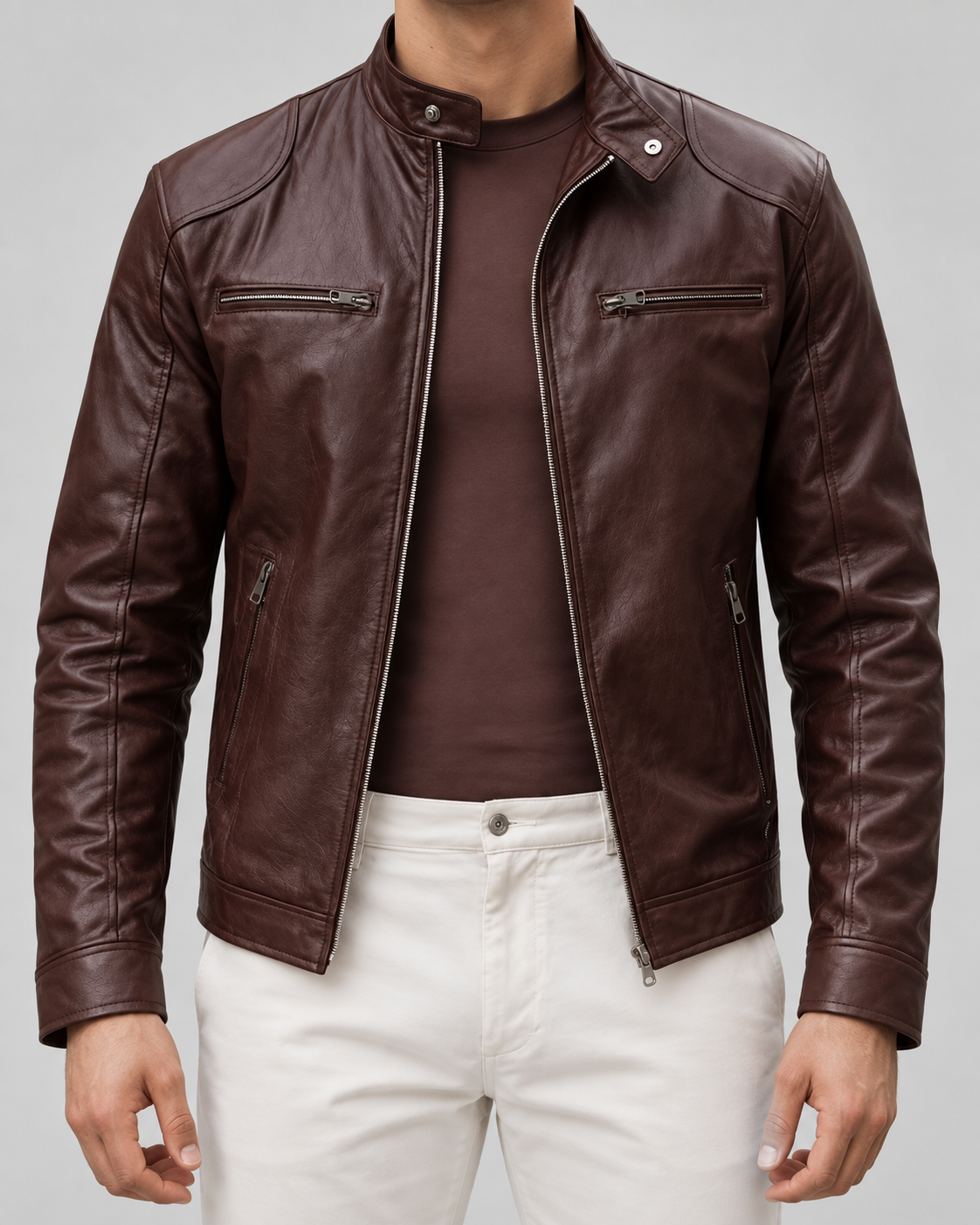 Men's faux leather racer jacket with stand collar and zip pockets
