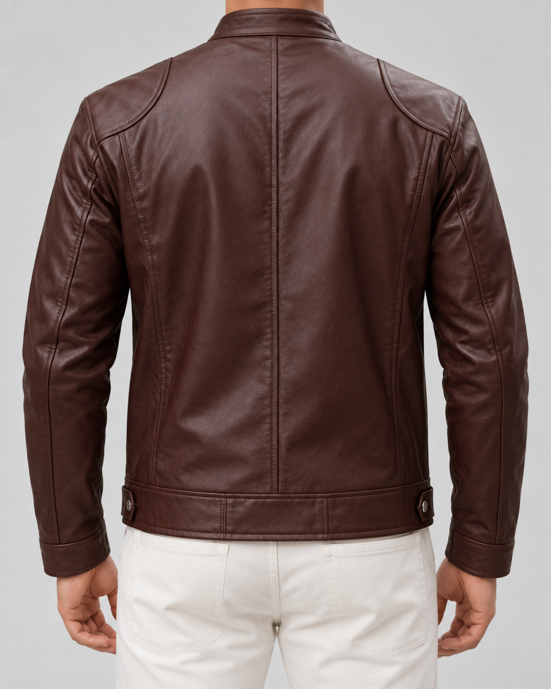 Men's faux leather racer jacket with stand collar and zip pockets - view 2