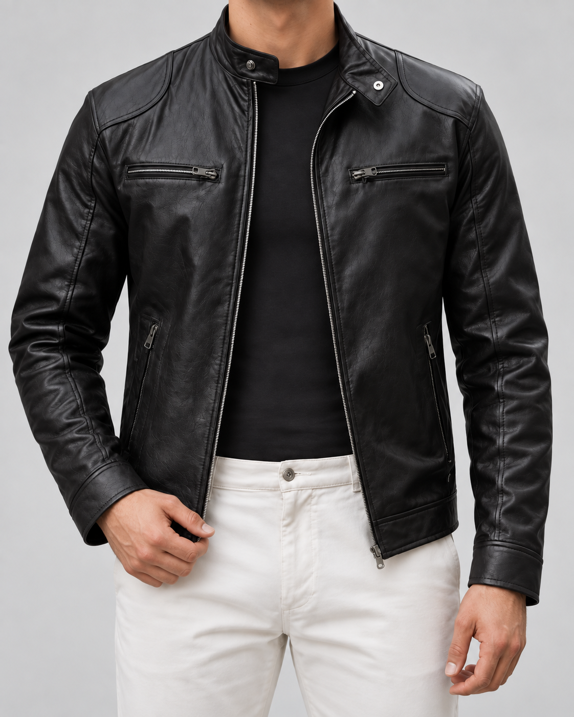 Men's faux leather racer jacket with stand collar and zip pockets - view 3