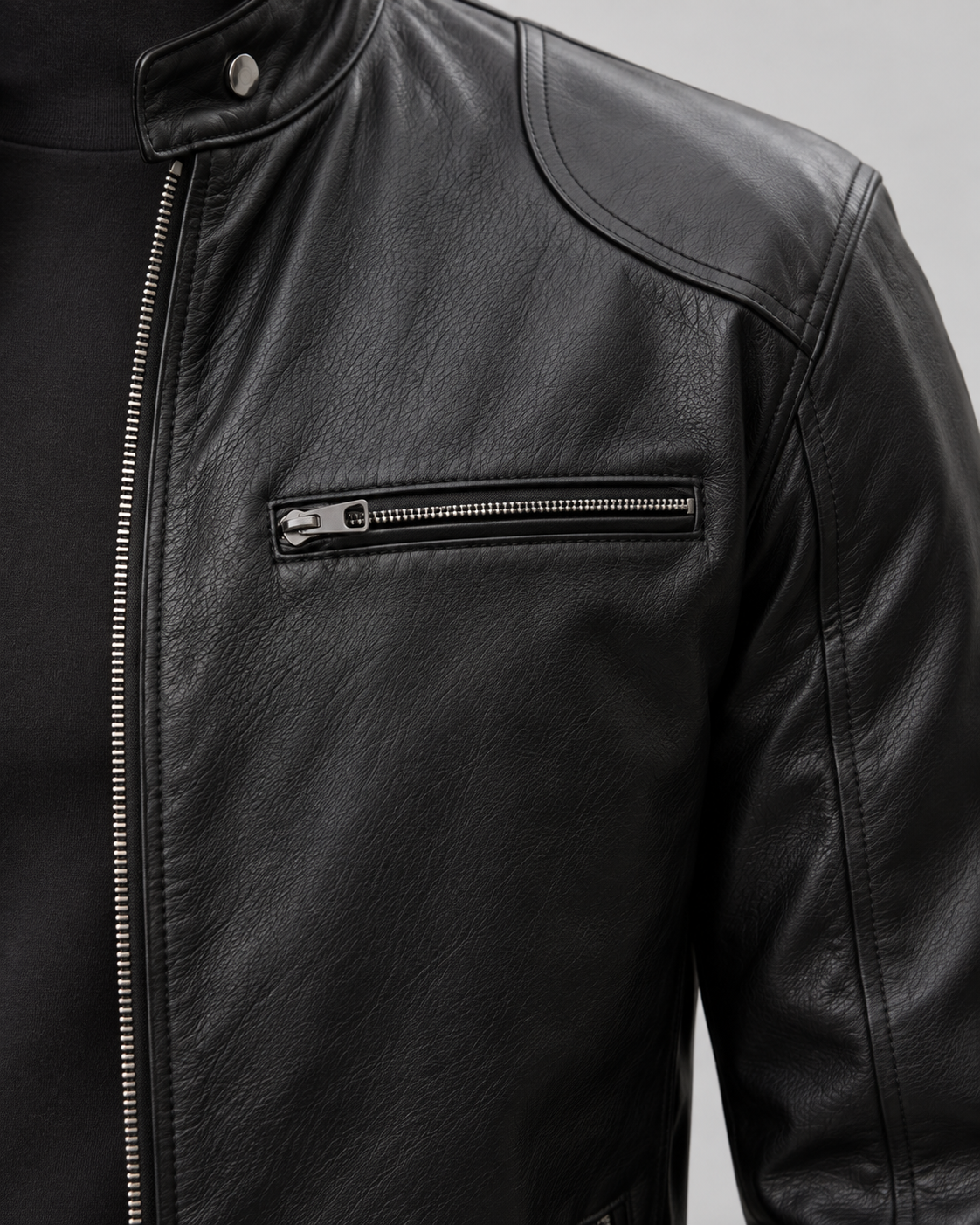 Men's faux leather racer jacket with stand collar and zip pockets - view 4