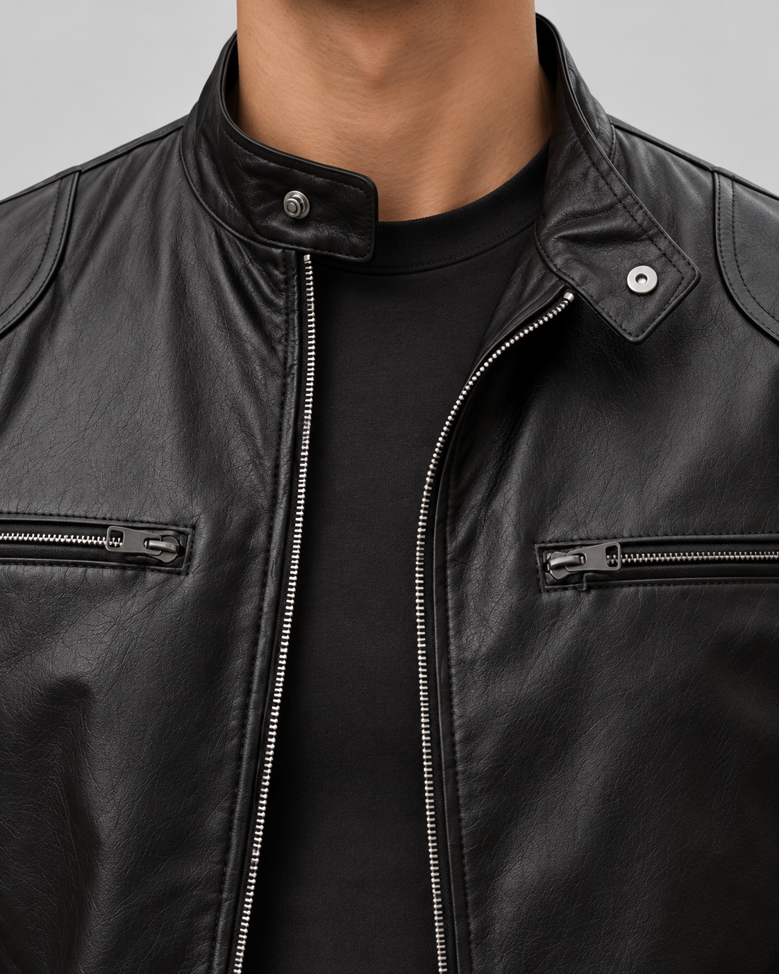 Men's faux leather racer jacket with stand collar and zip pockets - view 5