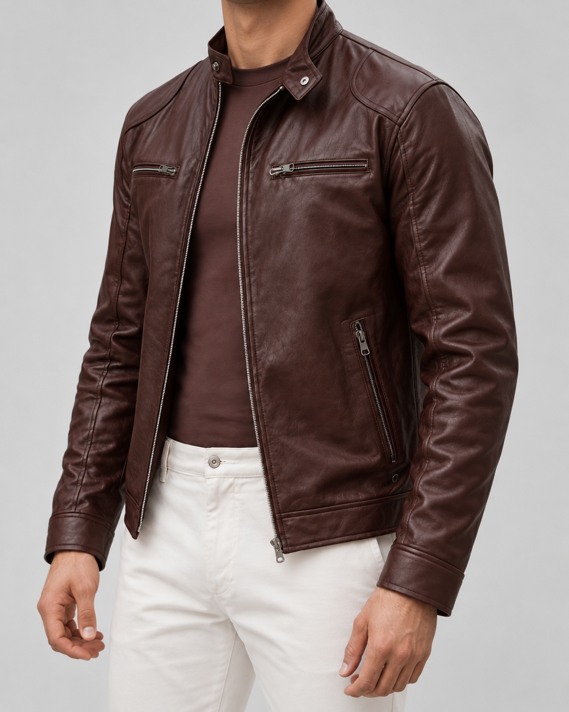Men's faux leather racer jacket with stand collar and zip pockets - view 6