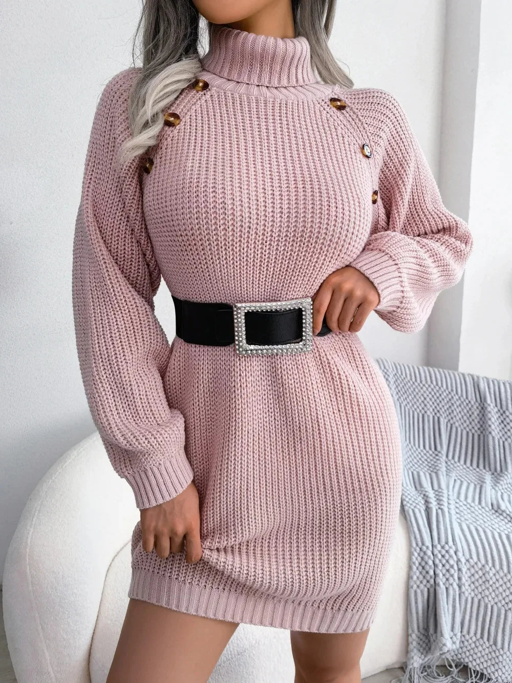 Chunky knit turtleneck sweater dress with shoulder button detail - view 2
