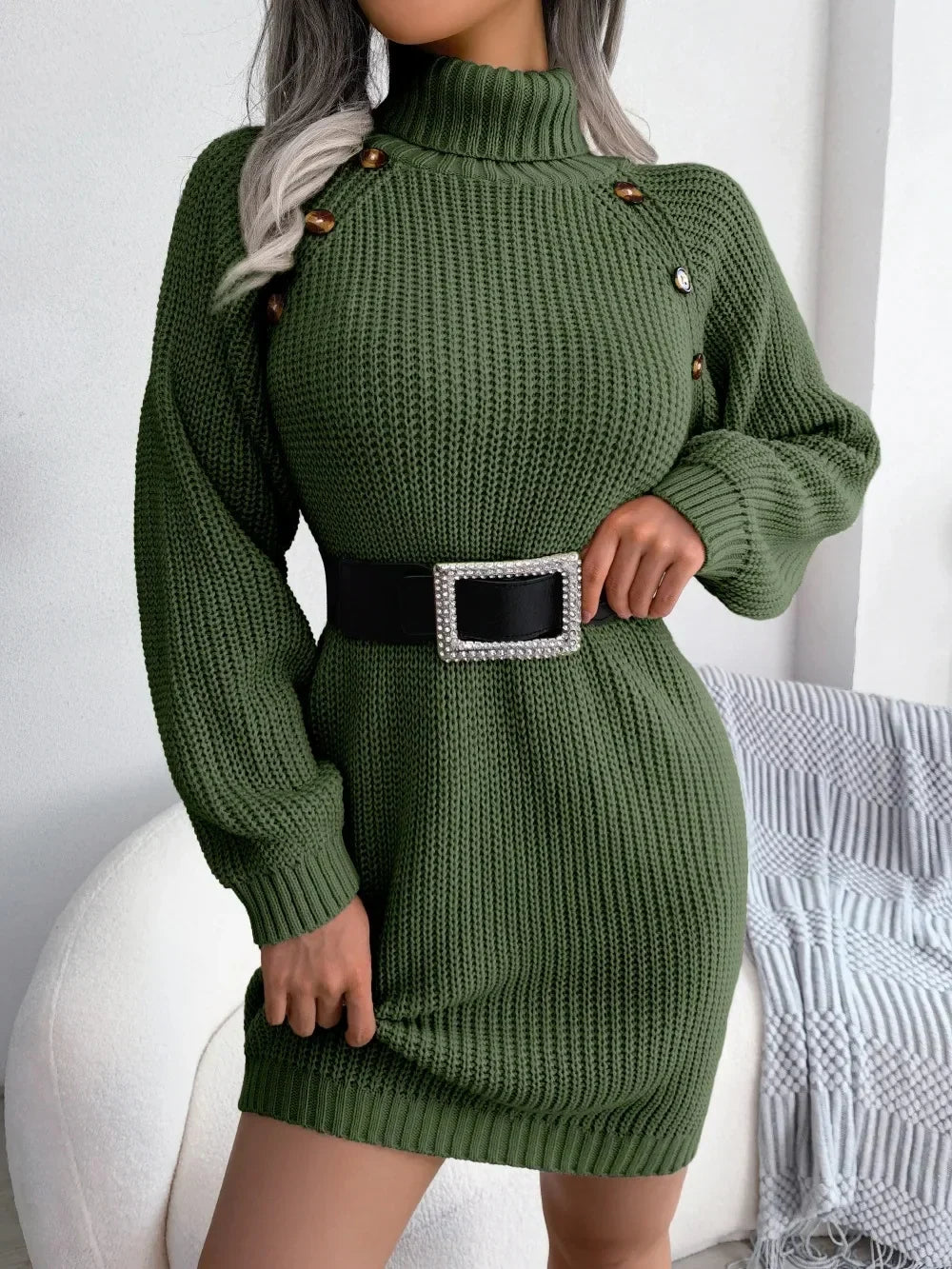 Chunky knit turtleneck sweater dress with shoulder button detail - view 5
