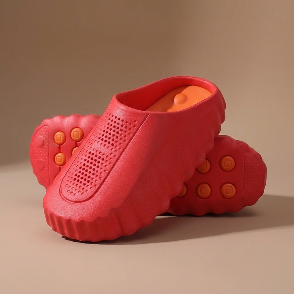 Closed-toe slip-on slippers with perforated upper, ridged sole and contrast orange grip dots