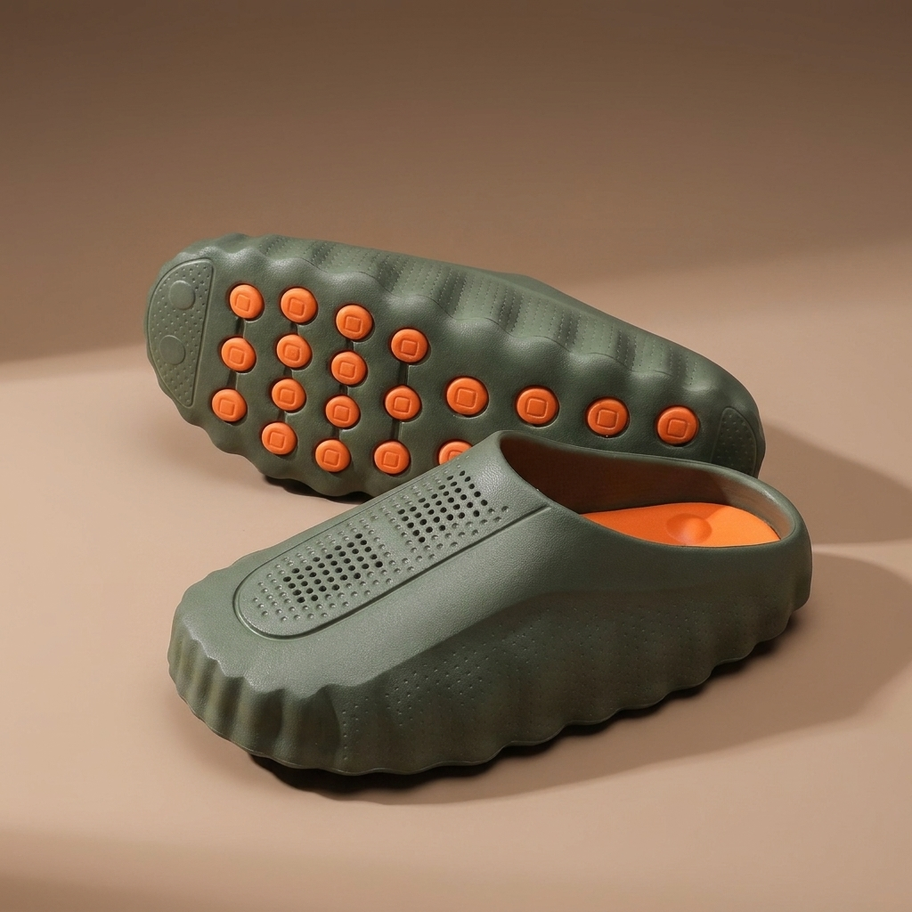 Closed-toe slip-on slippers with perforated upper, ridged sole and contrast orange grip dots - view 4