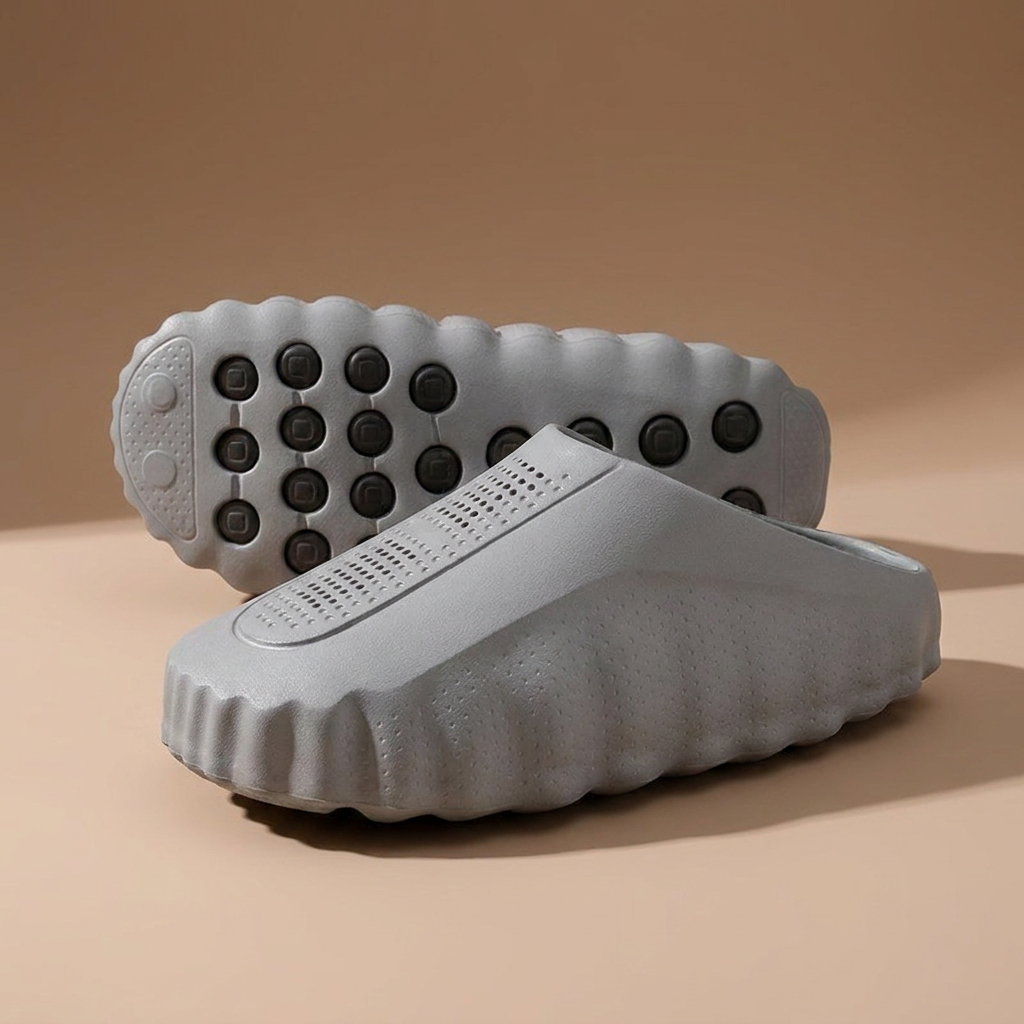 Closed-toe slip-on slippers with perforated upper, ridged sole and contrast orange grip dots - view 5